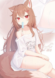 1girl animal_ear_fluff animal_ears animal_print breasts brown_hair fish_print food food_in_mouth hair_ornament hairclip highres long_hair looking_at_viewer mouth_hold original popsicle popsicle_in_mouth rade_(rade_552) red_eyes shirt short_sleeves single_bare_shoulder small_breasts tail wet white_shirt wolf_ears wolf_girl wolf_tail zoom_layer