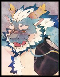 1boy absurdres alcohol animal_ears bara blush claws dragon_boy dragon_ears dragon_horns drunk fangs frostqq furry furry_male highres horns looking_at_viewer male_focus open_mouth qinglong_(housamo) tokyo_houkago_summoners topless_male upper_body whiskers