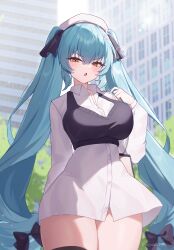 1girl bag beret blue_hair bow breasts collared_shirt cowboy_shot goddess_of_victory:_nikke hair_between_eyes hair_bow hair_ornament hat large_breasts long_hair long_sleeves looking_at_viewer open_mouth privaty_(nikke) shirt solo taiyaki12 thighs twintails yellow_eyes