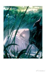 Rule 34 | 1boy, armor, black armor, border, chinese commentary, closed eyes, closed mouth, commentary request, elezen, elf, estinien varlineau, eyelashes, final fantasy, final fantasy xiv, grass, hangleing, long hair, long pointy ears, lying, male focus, on back, outdoors, pointy ears, solo, spiked armor, white border, white hair