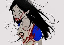 Rule 34 | 1girl, alice liddell (american mcgee&#039;s alice), american mcgee&#039;s alice, apron, black hair, blood, blood on clothes, blood on face, blood splatter, blue dress, commentary request, dress, glaring, green eyes, jewelry, korean commentary, korean text, long hair, looking at viewer, omega symbol, pankepen, pendant, puffy short sleeves, puffy sleeves, short sleeves, simple background, solo, tongue, tongue out, translation request, upper body, v-shaped eyebrows, white apron, white background