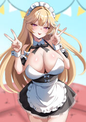 0002koko 1girl absurdres alternate_costume apron bare_shoulders black_dress blonde_hair blurry blurry_background blush breasts center_opening cleavage couch double_v dress frills hair_ribbon highres large_breasts long_hair looking_at_viewer maid maid_apron maid_headdress purple_eyes ribbon smile solo tongue tongue_out touhou v wrist_cuffs yakumo_yukari
