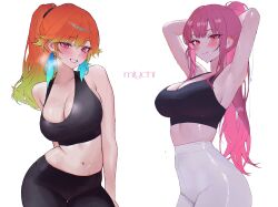 Rule 34 | 2girls, alternate costume, armpits, arms up, artist name, black pants, black sports bra, blush, breasts, cleavage, closed mouth, commentary, cowboy shot, earrings, english commentary, feather earrings, feathers, gradient hair, green hair, grin, high ponytail, highres, hololive, hololive english, jewelry, large breasts, looking at viewer, midriff, miychi, mori calliope, multicolored hair, multiple girls, navel, orange hair, pants, pink eyes, pink hair, ponytail, presenting armpit, purple eyes, simple background, smile, sports bra, sweat, takanashi kiara, virtual youtuber, white background, white pants, yoga pants