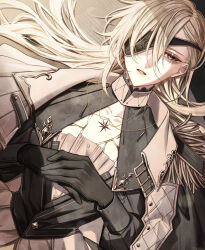 1boy androgynous black_gloves black_shirt blonde_hair cape collarbone commentary_request eyepatch eyeshadow gloves grey_eyes hair_between_eyes highres jewelry long_bangs long_hair looking_at_viewer lying makeup male_focus necklace on_back one_eye_covered original own_hands_together parted_lips shirt solo star_(symbol) star_necklace teeth upper_body white_cape wu_(user_sevs2252)