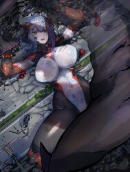 Rule 34 | 1girl, absurdres, blue hair, bodysuit, breasts, broken, colossus (natsukaze shigure), covered navel, crack, cracked floor, defeat, destruction, giant, giantess, green eyes, grey hair, headgear, hexagon print, highres, imminent rape, impossible bodysuit, impossible clothes, large breasts, lying, magical girl, medium hair, monster, multicolored hair, natsukaze shigure, on back, open mouth, original, peril, purple hair, restrained, rubble, scared, science fiction, size difference, skin tight, solo focus