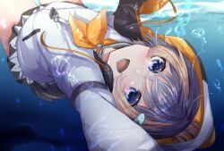 Rule 34 | 1girl, :d, animal hood, bird tail, black hair, blonde hair, blue eyes, bubble, fish hair ornament, folded ponytail, hair ornament, highres, hood, hoodie, irie (engawaittyou), looking at viewer, multicolored hair, neckerchief, nijisanji, nijisanji en, open mouth, penguin hood, petra gurin, petra gurin (1st costume), pleated skirt, skirt, smile, solo, streaked hair, tail, underwater, upside-down, virtual youtuber, white skirt, yellow neckerchief
