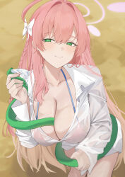 1girl absurdres ahoge between_breasts bikini bikini_under_clothes blue_archive blush bow breasts cleavage closed_mouth commentary_request green_eyes hair_bow halo halterneck hanako_(blue_archive) hanako_(swimsuit)_(blue_archive) highres holding holding_hose hose hose_between_breasts large_breasts leaning_forward long_hair long_sleeves looking_at_viewer official_alternate_costume oversized_clothes oversized_shirt pink_bikini pink_hair pink_halo ref_(pmxt4483) see-through_clothes see-through_shirt shirt smile solo swimsuit white_bow white_shirt