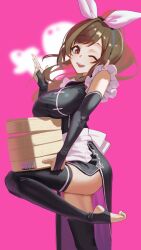 1girl absurdres bamboo_steamer black_bridal_gauntlets black_dress black_thighhighs blush breasts bridal_gauntlets brown_eyes brown_hair china_dress chinese_clothes dress feet_out_of_frame highres idolmaster idolmaster_shiny_colors large_breasts leg_up long_hair looking_at_viewer one_eye_closed open_mouth pink_background ponytail side_slit simple_background smile solo standing standing_on_one_leg stirrup_legwear thighhighs thighs toe_scrunch toeless_legwear tomber tsukioka_kogane