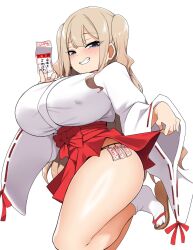 1girl bebebe_(pepegakii) blonde_hair blue_eyes blush breasts clothes_lift hakama hakama_skirt highres huge_breasts japanese_clothes kimono kousaka_airi_(bebebe) lifting_own_clothes looking_at_viewer mesugaki miko ofuda oppai_loli original red_hakama ribbon-trimmed_sleeves ribbon_trim shortstack skirt skirt_lift smile solo twintails underwear white_kimono wide_sleeves