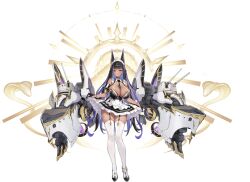 1girl absurdres animal_ears apron azur_lane bare_shoulders between_breasts black_dress black_gloves black_hair black_necktie black_shoes breasts cleopatra_(azur_lane) cobra_(animal) dark-skinned_female dark_skin dress earrings eighth_note frilled_dress frills full_body garter_straps gloves highres jackal_ears jackal_girl jewelry large_breasts long_hair looking_at_viewer maid maid_apron multicolored_hair musical_note necktie necktie_between_breasts non-web_source official_art popqn purple_eyes purple_hair pyramid_(structure) rigging shoes smile snake solo tan tanline thighhighs two-tone_hair white_thighhighs