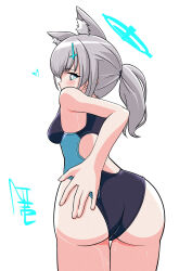 1girl absurdres animal_ear_fluff animal_ears artist_logo ass black_one-piece_swimsuit blue_archive blue_eyes breasts commentary_request competition_swimsuit cross_hair_ornament extra_ears from_behind grey_hair hair_ornament halo highres logo looking_at_viewer looking_back low_ponytail medium_breasts medium_hair mismatched_pupils multicolored_swimsuit nanziwakamika23 official_alternate_costume one-piece_swimsuit ponytail shiroko_(blue_archive) shiroko_(swimsuit)_(blue_archive) simple_background solo swimsuit white_background wolf_ears