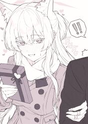 ! !! 1boy 1girl absurdres akira_(blue_archive) alternate_costume animal_ear_fluff animal_ears black_jacket blue_archive blush box breasts cat_ears cat_girl commentary_request gift gift_box grin hair_between_eyes highres holding holding_another&#039;s_arm holding_box jacket jewelry large_breasts long_hair looking_at_another multiple_rings nose_blush oiru_(613) one_side_up pink_jacket ring scarf shy sidelocks smile sweatdrop valentine white_scarf