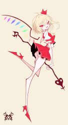 1girl absurdres blonde_hair bow cocokana crystal_wings dress flandre_scarlet hat high_heels highres laevatein_(touhou) looking_at_viewer open_mouth red_eyes ribbon shirt short_hair skirt smile solo touhou wings