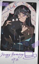 Rule 34 | 1girl, ;), absurdres, bare shoulders, black choker, black hair, blue coat, carbuncle (reverse:1999), choker, closed mouth, coat, creature, dark-skinned female, dark skin, dated, fake photograph, glasses, happy birthday, highres, hl (iamawhitehippo), holding, holding creature, kaalaa baunaa, long hair, looking at viewer, off shoulder, one eye closed, purple eyes, reverse:1999, shadow, shirt, smile, solo, streamers, upper body, yellow shirt