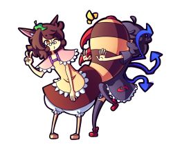 2girls animal_ears asymmetrical_wings black_hair black_legwear bloomers brown_hair daigada dress full_body futatsuiwa_mamizou glasses houjuu_nue leaf leaf_on_head multiple_girls one_eye_closed raccoon_ears raccoon_tail tail thighhighs touhou transparent_background underwear v wings yellow_eyes
