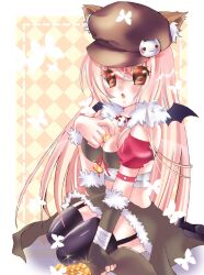 Rule 34 | 1girl, absurdres, adapted costume, animal ear headwear, animal ears, bandeau, black thighhighs, black wings, blush, breasts, brown bandeau, brown eyes, brown hat, brown skirt, cat ears, cat hat ornament, chinese commentary, cleavage, coin, commentary request, fake animal ears, full body, fur-trimmed skirt, fur trim, garter straps, hat, highres, long hair, looking at viewer, medium breasts, money bag, nanami (s881201guy), newsboy cap, open mouth, pink hair, ragnarok online, seiza, shadow chaser (ragnarok online), sitting, skirt, solo, thighhighs, very long hair, wings