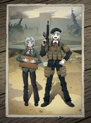 2girls alternate_costume alternate_hair_length alternate_hairstyle ammunition_pouch assault_rifle beret black_hat black_jacket black_pants black_shoes brown_eyes bulletproof_vest chickenapple33 closed_mouth collared_shirt full_body g11_(girls&#039;_frontline) girls&#039;_frontline green_eyes green_jacket grey_hair gun h&amp;k_hk416 hand_on_own_hip hat highres hk416_(girls&#039;_frontline) holding holding_gun holding_suitcase holding_weapon jacket long_hair looking_at_viewer magazine_(weapon) multiple_girls neck_ribbon necktie open_mouth pants photo_(object) pouch red_necktie red_ribbon ribbon rifle ruins shirt shoes short_hair smile standing straight-on suitcase teeth trigger_discipline weapon white_shirt