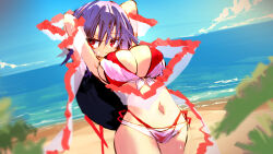 1girl beach bikini black_hat blue_sky breasts cleavage closed_mouth cloud commentary_request cowboy_shot frilled_bikini frilled_shawl frills hat highres horizon large_breasts looking_at_viewer nagae_iku navel outdoors purple_hair red_eyes shawl short_hair sky solo swimsuit tobenai_todo touhou unworn_headwear white_bikini