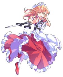 1girl alphes_(style) apron bare_arms black_ribbon blonde_hair breasts collared_dress commentary_request dairi dress frilled_apron frilled_dress frills frown full_body hair_between_eyes hair_intakes large_variant_set leg_up long_hair maid maid_apron maid_headdress open_mouth palms pantyhose parody puffy_short_sleeves puffy_sleeves red_dress red_shoes ribbon shoes short_sleeves small_breasts solo style_parody sword throwing touhou touhou_(pc-98) transparent_background variant_set weapon white_apron white_pantyhose yellow_eyes yumeko_(touhou)