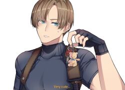 1boy animal_charm aqua_eyes black_gloves blonde_hair english_text fingerless_gloves furrowed_brow gloves grey_shirt harness highres knife leon_s._kennedy male_focus parted_bangs parted_lips resident_evil resident_evil_4 shirt short_hair short_sleeves solo stuffed_animal stuffed_toy subtitled sweatdrop teddy_bear tight_clothes tight_shirt tiroma white_background