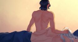 Rule 34 | 2boys, aymeric de borel, back muscles, black hair, commentary, elezen, elf, english commentary, estinien varlineau, final fantasy, final fantasy xiv, gradient background, grey hair, hand on another&#039;s head, highres, kimikoyuki 13, long hair, long pointy ears, lying, male focus, multiple boys, nude, on side, pillow, pointy ears, toned, toned male, under covers, yaoi