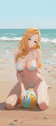 1girl absurdres ball beach beachball bikini blonde_hair blue_eyes breasts closed_mouth commission full_body hair_ornament highres kneeling large_breasts long_hair looking_at_viewer ocean original outdoors pixiv_commission qingli_ye smile solo swimsuit white_bikini