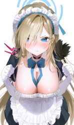 absurdres apron asuna_(blue_archive) asymmetrical_bangs black_choker blue_archive blue_eyes blue_halo breasts choker cleavage duster frilled_apron frills gloves hair_over_one_eye halo highres holding holding_duster large_breasts light_brown_hair long_hair looking_at_viewer maid maid_headdress mole mole_on_breast neck_ribbon pibag pout ribbon white_apron white_background white_gloves