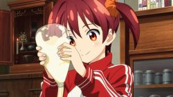 1girl altar animated animated_gif anime_screenshot book bookshelf bowl cabinet candle female_focus flower isshiki_akane jacket jar lowres mayonnaise non-web_source red_eyes red_hair solo squeeze_bottle track_jacket twintails vase vividred_operation