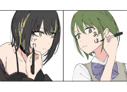 Rule 34 | 2girls, black choker, black hair, blonde hair, blue bow, blue bowtie, bow, bowtie, choker, commentary request, drawing on own face, green hair, holding, holding pen, idolmaster, idolmaster shiny colors, ikaruga luca, kimi no na wa., mekaika22, multicolored hair, multiple girls, nanakusa nichika, parody, pen, scene reference, school uniform, short hair, simple background, streaked hair, two-tone hair, upper body, white background