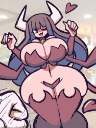 1girl breasts brown_eyes brown_hair cleavage curvy demon_girl demon_tail disgaea dutch_angle eyelashes fang female_focus gensin heart highres huge_breasts long_hair looking_at_viewer maebari matching_hair/eyes monster_girl one_eye_closed open_mouth photo_background pov shiny_skin solo standing succubus_(disgaea) tail thick_thighs thighs w_arms wide_hips wink