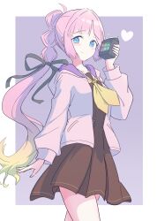 1girl ahoge anyoji_hime black_ribbon blonde_hair blue_eyes blunt_bangs blush border brown_dress closed_mouth cowboy_shot dress drinking_straw gradient_hair hair_intakes hair_ribbon hand_up hasu_no_sora_school_uniform heart highres holding holding_milk_carton hood hooded_jacket jacket junnatsu link!_like!_love_live! long_hair long_sleeves looking_at_viewer love_live! medium_dress milk_carton multi-tied_hair multicolored_hair neckerchief open_clothes open_jacket outside_border pink_hair pink_jacket pleated_dress ponytail purple_background ribbon sailor_collar sailor_dress school_uniform sidelocks smile solo split_mouth swept_bangs very_long_hair virtual_youtuber white_border white_sailor_collar winter_uniform yellow_neckerchief