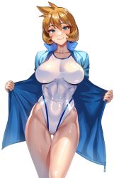 1girl aqua_eyes blonde_hair blue_jacket blush breasts cameltoe competition_swimsuit covered_erect_nipples covered_navel female_focus game_freak gluteal_fold gym_leader highres jacket large_breasts looking_at_viewer misty_(pokemon) nintendo one-piece_swimsuit open_clothes open_jacket pokemon pokemon_hgss short_hair simple_background skin_tight smile solo standing swimsuit thigh_gap volyz white_background wide_hips