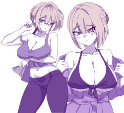 1girl black_bra black_pants black_tank_top blonde_hair blush bra braid braided_bun breasts closed_mouth collarbone crop_top evelyn_chevalier eyebrows_hidden_by_hair eyes_visible_through_hair glasses hair_bun large_breasts looking_at_viewer looking_to_the_side navel open_clothes open_mouth open_robe pants purple_eyes purple_robe robe rope solo standing tank_top underwear yoga_pants zenless_zone_zero zuchysdraws