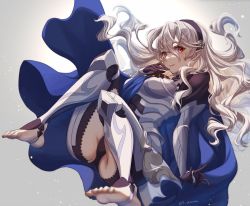 1girl arm_guards armor ass black_gloves blonde_hair blue_cape breastplate cape closed_mouth clothing_cutout commentary corrin_(female)_(fire_emblem) corrin_(fire_emblem) eyelashes feet fire_emblem fire_emblem_fates floating floating_hair full_body gloves grey_background hair_between_eyes hairband highres karashino knees_up leaning_back leg_armor legs long_hair looking_at_viewer nintendo no_shoes pointy_ears red_eyes slit_pupils soles solo stirrup_legwear thigh_cutout thighs toeless_legwear toes