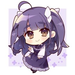 Rule 34 | 1girl, absurdres, ahoge, black pantyhose, blunt bangs, blush, border, bow, bowtie, breasts, brown eyes, chibi, chibi only, chofu noriko, closed mouth, commentary request, dress, frilled dress, frills, full body, highres, ikizulive! love live! bluebird, large breasts, long dress, long hair, long sleeves, looking at viewer, love live!, misosiru 0224, outside border, pantyhose, pinafore dress, purple background, purple bow, purple bowtie, purple dress, purple hair, shirt, sidelocks, simple background, sleeveless, sleeveless dress, smile, solo, standing, thick eyebrows, two side up, v, white border, white shirt