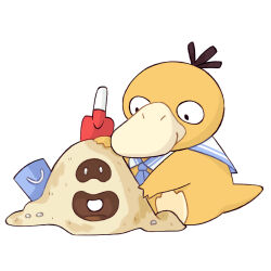animal beak bird black_eyes bucket clothed_pokemon creatures_(company) duck game_freak gen_1_pokemon gen_7_pokemon mjoyart nintendo pokemon pokemon_(creature) psyduck sand sand_castle sand_sculpture sandygast simple_background sitting smile white_background