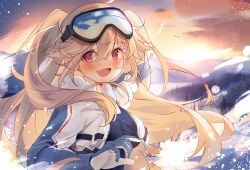 Rule 34 | 1girl, ahoge, azur lane, blonde hair, bluecher (azur lane), bluecher (high-altitude head over heels) (azur lane), blush, breasts, cleavage, commentary, from side, goggles, heaven&#039;s melody, highres, large breasts, long hair, looking at viewer, mountain, official alternate costume, open mouth, outdoors, pointing, red eyes, shrug (clothing), ski goggles, smile, snow, solo, sunset, two side up, white shrug