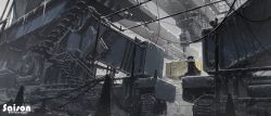 1girl black_thighhighs blurry blurry_foreground cable cityscape coat container cross french_text giant grey_sky hair_ornament hat highres industrial looking_away original pulley scenery shuiyaoximushi sitting sky snow snowing solo stairs stalactite thighhighs translated trench_coat wheel white_hair winter