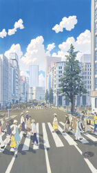 1girl absurdres bag brown_hair bucket_hat building car city cloud commentary_request crosswalk crowd hat hayashi_naoyuki highres intersection medium_hair motor_vehicle original outdoors print_skirt red_shoes road scenery shadow shirt shoes shoulder_bag sign skirt sky street traffic_light tree walking white_shirt wide_shot yellow_skirt