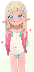 1girl absurdres backpack bag bikini blonde_hair blue_eyes commentary_request flat_chest hair_ornament highres loli long_hair looking_at_viewer navel one-piece_tan original pointy_ears randoseru solo string_bikini swimsuit tan tanline youyoukai