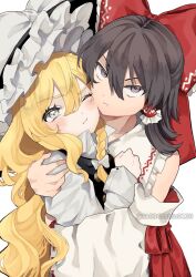 2girls :t black_hat black_vest blonde_hair blush bow braid brown_eyes brown_hair closed_mouth commentary detached_sleeves frilled_hair_tubes frills hair_between_eyes hair_bow hair_tubes hakurei_reimu hat hat_bow highres hug kirisame_marisa long_hair long_sleeves looking_at_viewer multiple_girls red_bow red_shirt shirt side_braid simple_background single_braid sleeveless sleeveless_shirt touhou twitter_username uchisaki_himari v-shaped_eyebrows very_long_hair vest white_background white_bow white_shirt white_sleeves witch_hat yellow_eyes yuri
