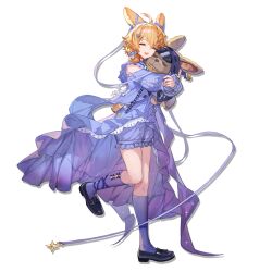 1girl animal_ears arknights bare_shoulders dress holding holding_stuffed_toy hugging_object kroos_(arknights) kroos_(moonlit_voyage)_(arknights) loafers long_sleeves official_alternate_costume official_art orange_hair purple_dress purple_ribbon purple_socks rabbit_ears rabbit_girl ribbon shoes socks solo standing standing_on_one_leg stuffed_animal stuffed_rabbit stuffed_toy xiayehongming