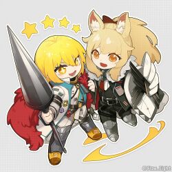 2girls animal_ears arknights armored_boots belt black_belt black_jacket black_pants black_vest blemishine_(arknights) blonde_hair boots bow brown_bow brown_shoes don_quixote_(project_moon) flaw_eight full_body hair_bow holding holding_polearm holding_shield holding_weapon horse_ears jacket lance lcb_uniform_(project_moon) limbus_company multiple_girls necktie open_mouth pants polearm project_moon red_necktie shield shirt shoes smile vest weapon white_shirt yellow_eyes