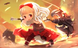 1girl :o argyle arms_up asymmetrical_legwear axe battle battle_axe blonde_hair bow detached_sleeves final_fantasy final_fantasy_xiv fire floating_hair full_body gloves hair_bow highres holding holding_weapon lalafell legs_apart light_blush long_hair mismatched_legwear open_mouth pagaga_vochstein pointy_ears red_bow red_eyes red_skirt shelldy shirt shoes short_sleeves skirt sleeveless sleeveless_shirt smoke standing striped swept_bangs teeth tongue upper_teeth_only v-shaped_eyebrows vertical_stripes weapon white_footwear white_gloves white_sleeves wristband