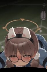 1boy 1girl all_fours animal_ears animated bar_censor blue_archive blue_skirt blue_sweater blush bouncing_breasts breasts brown_hair censored cowboy_shot deepthroat embarrassed fake_animal_ears fellatio glasses half-closed_eyes halo hetero indoors large_breasts large_penis long_hair long_sleeves looking_at_viewer looping_animation low_twintails mizumizuni moe_(blue_archive) naughty_face nose_blush oral penis pov pov_crotch short_twintails skirt solo_focus sweater tagme tears turtleneck turtleneck_sweater twintails video yellow_eyes yellow_halo