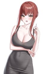 Rule 34 | 1girl, absurdres, arm under breasts, breasts, brown hair, cigarette, cleavage, collarbone, cosplay, covered navel, d (killer wife) (nikke), d (nikke), d (nikke) (cosplay), doenji (auto7233), dongtan dress, dress, goddess of victory: nikke, grey dress, highres, holding, holding cigarette, large breasts, looking at viewer, meme attire, open mouth, rapi (nikke), rapi (red hood) (nikke), red hair, simple background, solo, white background