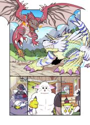 absurdres all_fours battle blue_fur body_fur brown_scales cat demon_girl digimon digimon_(creature) highres horns ladydevimon monster_hunter_(series) narome_and_levy red_eyes reusgreymon tailmon thumbs_up white_fur winged_arms wings yellow_scales zinogarurumon
