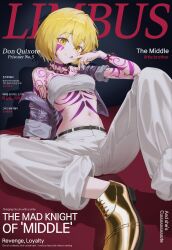 1girl absurdres bare_shoulders blonde_hair breasts cover don_quixote_(project_moon) english_text facial_tattoo habi_(kyuri_318) hair_between_eyes highres limbus_company looking_at_viewer magazine_cover medium_hair navel project_moon small_breasts solo tattoo translation_request yellow_eyes