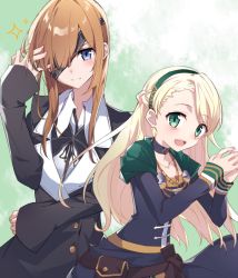 2girls blonde_hair blue_eyes capelet choker dress eyepatch fate/grand_order fate_(series) fingers_together gerda_(fate) green_eyes hairband light_brown_hair long_hair long_sleeves multiple_girls ophelia_phamrsolone sleeves_past_wrists sparkle tsuezu