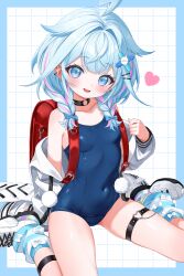 1girl 4kimizuki :d absurdres alternate_costume backpack bag black_choker blue_eyes blue_hair blue_one-piece_swimsuit blue_socks bow braid breasts choker commentary_request covered_navel earrings hair_bow hair_flaps hand_up heart heart_o-ring highres hololive hololive_dev_is jacket jewelry knees_out_of_frame lightning_ahoge long_hair looking_at_viewer loose_socks low_twin_braids mizumiya_su multicolored_hair no_pants o-ring o-ring_choker o-ring_thigh_strap one-piece_swimsuit open_clothes open_jacket open_mouth pink_hair randoseru red_bag school_swimsuit shoes sitting small_breasts smile socks solo streaked_hair striped_clothes striped_socks swimsuit thigh_strap twin_braids virtual_youtuber wariza white_jacket white_sneakers